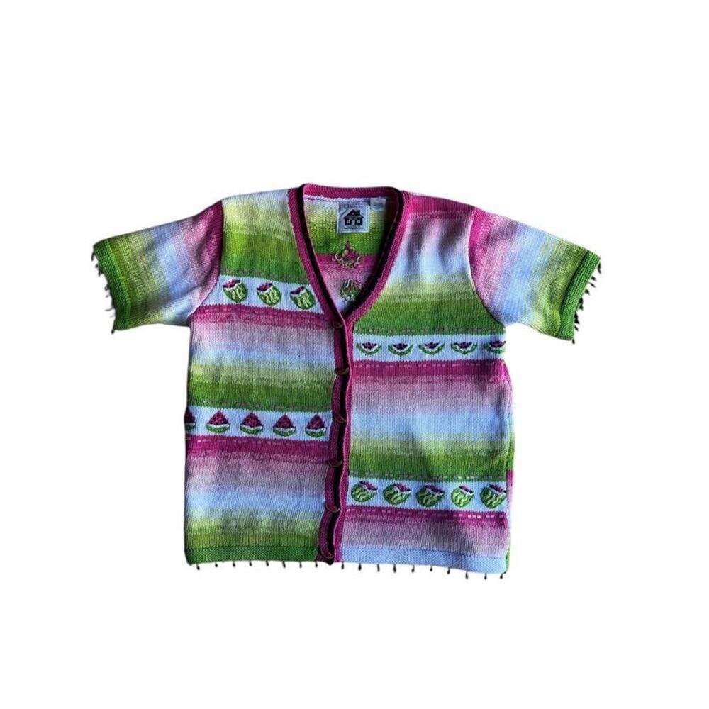 Vintage Storybook Knits Women's Knit Button up Top Beaded Watermelon Size Small